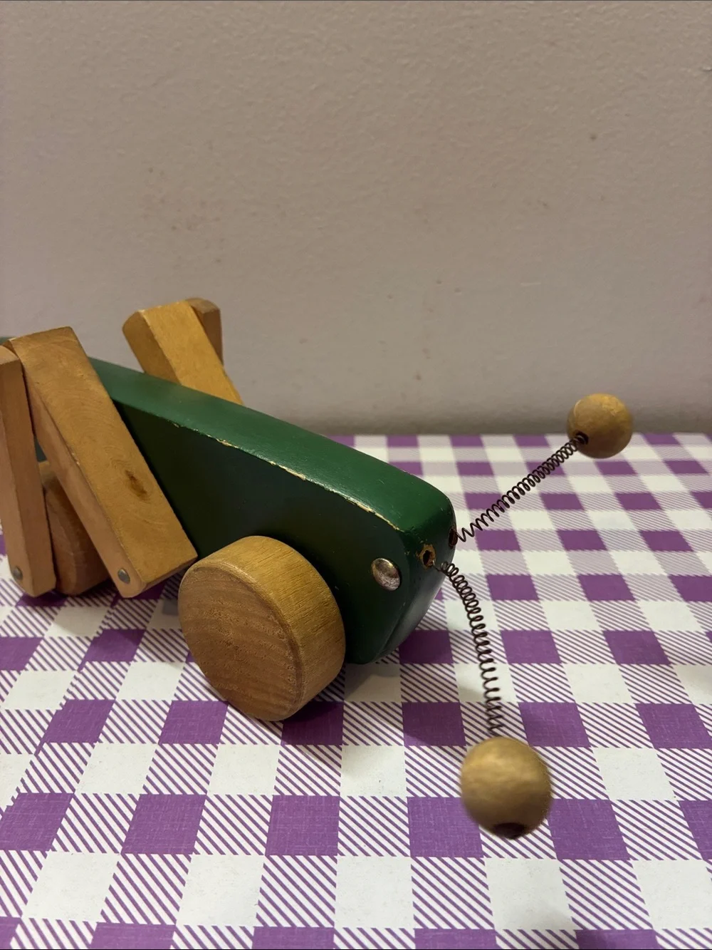 Vintage Playskool Wooden Ring Stacker & Pull-Along Cart - Grasshopper
